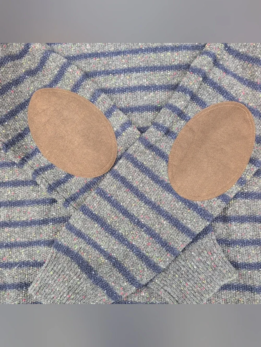 J Crew Sweater Mens Large Lambswool Gray Speckled Striped Elbow Patches Preppy